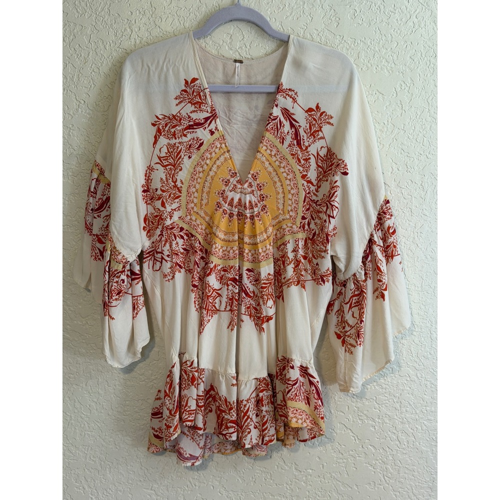 Free People Tunic Top Sunset Dreams S Ivory Orange Boho Bell Sleeve V-Neck - Picture 4 of 11